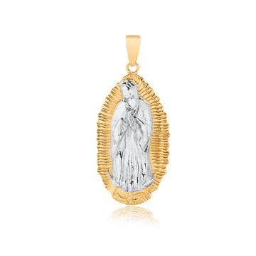 18K Gold Layered Oro Laminado Two Tone Texturized Our Lady of Guadalupe Medal Pendant 31.0128